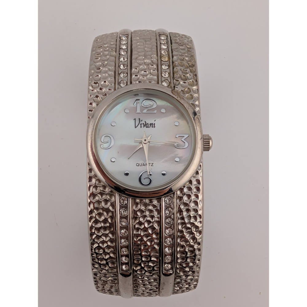 Vivani Watch Women 23mm Silver Tone MOP Dial Hinge Bangle- New Battery